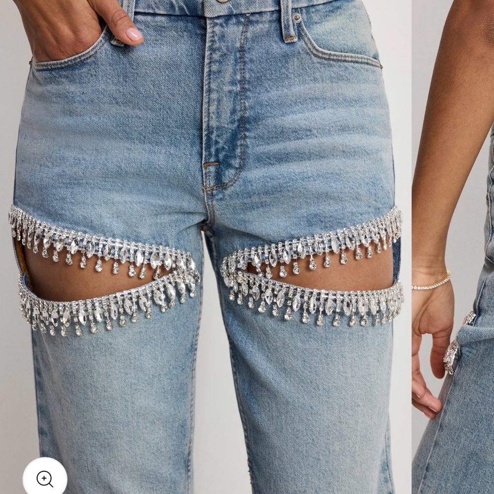 Good American Light Blue Jeans with Crystal Fringe